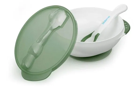 Kidsme - Djup tallrik med sugkopp och termisk sked Grön
